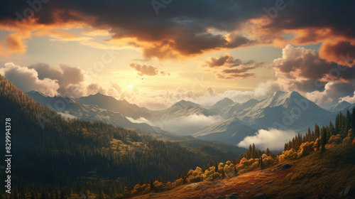 Breathtaking view of vibrant sunrise or sunset over rugged mountain peaks with clouds