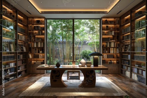 A contemporary Chinese study with built-in bookshelves a rosewood desk and a panoramic view of a tranquil bamboo forest fostering inspiration photo