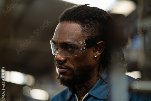 A man with a beard and dreadlocks wearing safety glasses. He is wearing a blue shirt. The man is looking at the camera