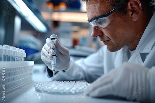 The scientist fills the microplate with a pipette in the lab for biological or chemical analysis photo