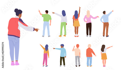 Back view of different young adult people and children cartoon characters with pointing gesture