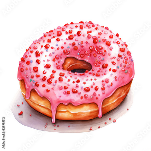 An iced doughnut with pink frosting and sprinkles. Digital watercolour on white background.