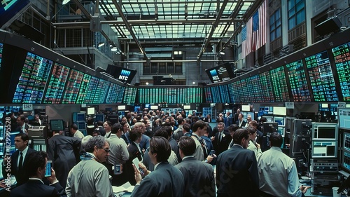 Capturing the activity on the trading floor of a stock exchanged and large crowd of traders engaged in transactions, surrounded by vibrant, illuminated stock ticker displays, retro and vintage
