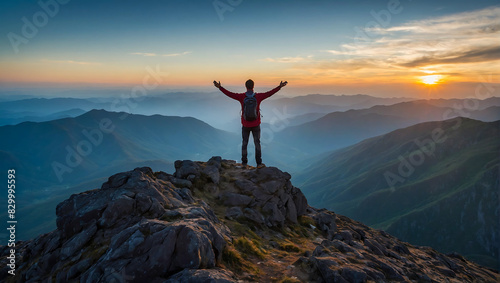 A lone person stands on top of a big mountain with hands towards the sky as to celebrate their achievement © The A.I Studio