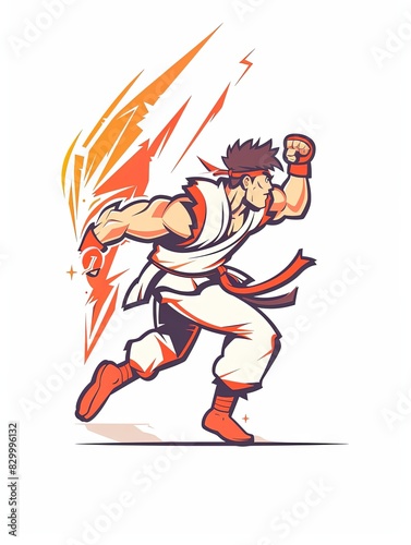 A man in a white outfit is running and has a red and orange explosion behind him