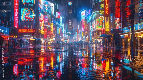 A photo of a cyberpunk cityscape with neon signs, a rainy night with reflections on wet streets and bustling crowds