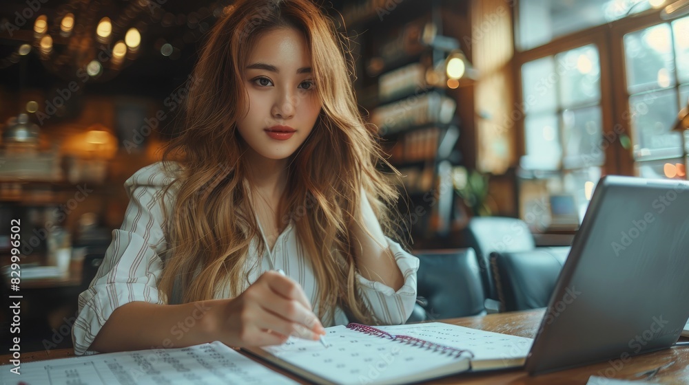 A young professional woman working on a tablet in a cozy, well-lit office space with a warm and focused ambiance. A young professional woman working on a tablet in a cozy, well-lit office space with a warm and focused ambiance.