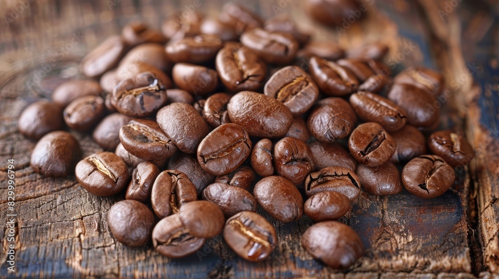 Coffee beans roasted on a wooden surface Coffee beans roasted on a wooden surface