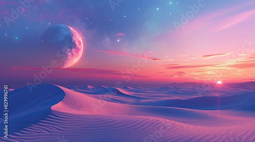 A photo of a desert oasis with towering sand dunes, a twilight sky with a giant moon and shimmering stars photo