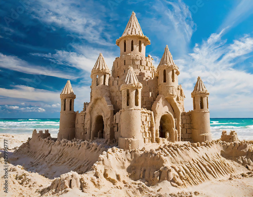 Sand castle on the beach. Travel and vacation concept.