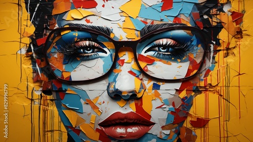 Woman with glasses and cracked wall effect, urban art style, bold colors, textured background 8K , high-resolution, ultra HD,up32K HD