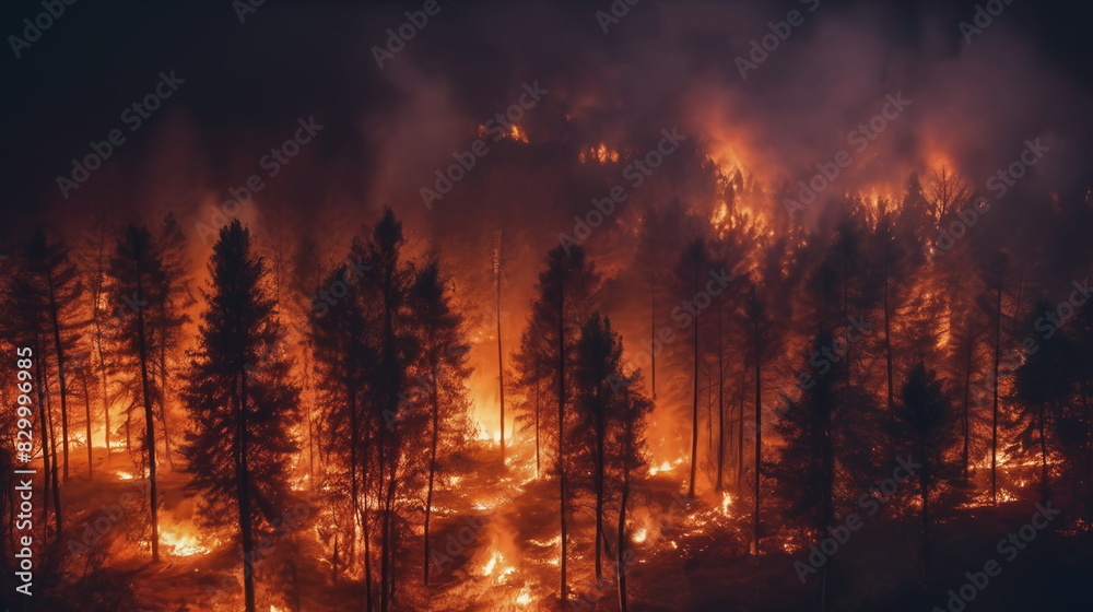 Fire at night in the forest. View from above the trees. The soil is burning Fire at night in the forest. View from above the trees. The soil is burning