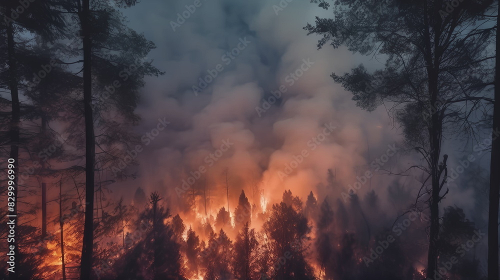 Fototapeta premium Fire at night in the forest with thick smoke. View from the hill down