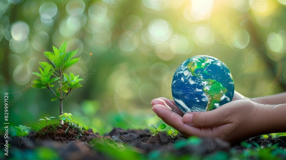illustration depicts a concept for environment, hand and globe, green tree illustration depicts a concept for environment, hand and globe, green tree