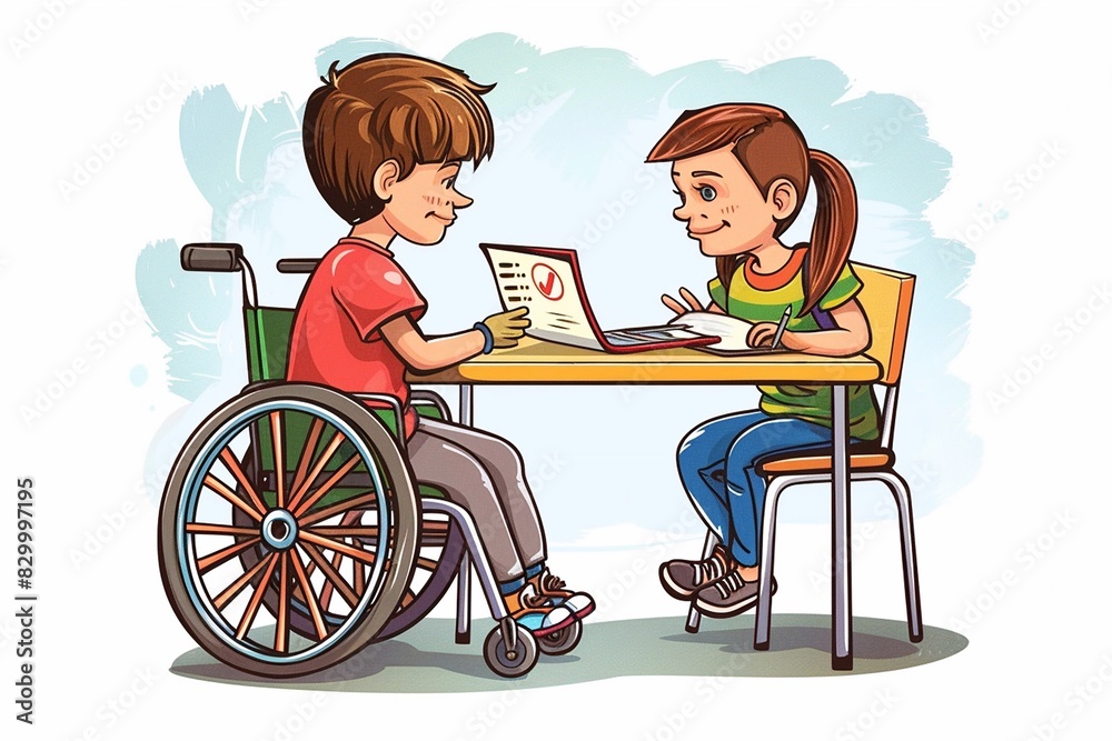 a teacher assisting a student in a wheelchair. a teacher assisting a student in a wheelchair.