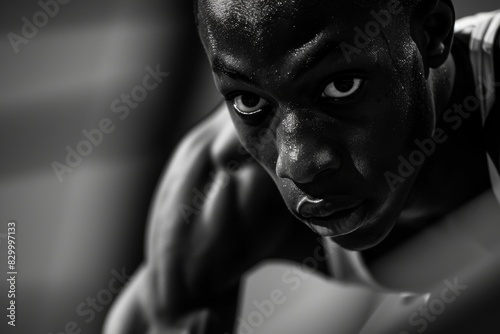 Focused Female Athlete Preparing for Jump - Intense Concentration and Determination in Black and White