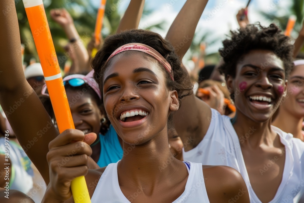 Joyful Women Relay Race Team Celebrating Victory with Raised Batons and Cheering Crowd