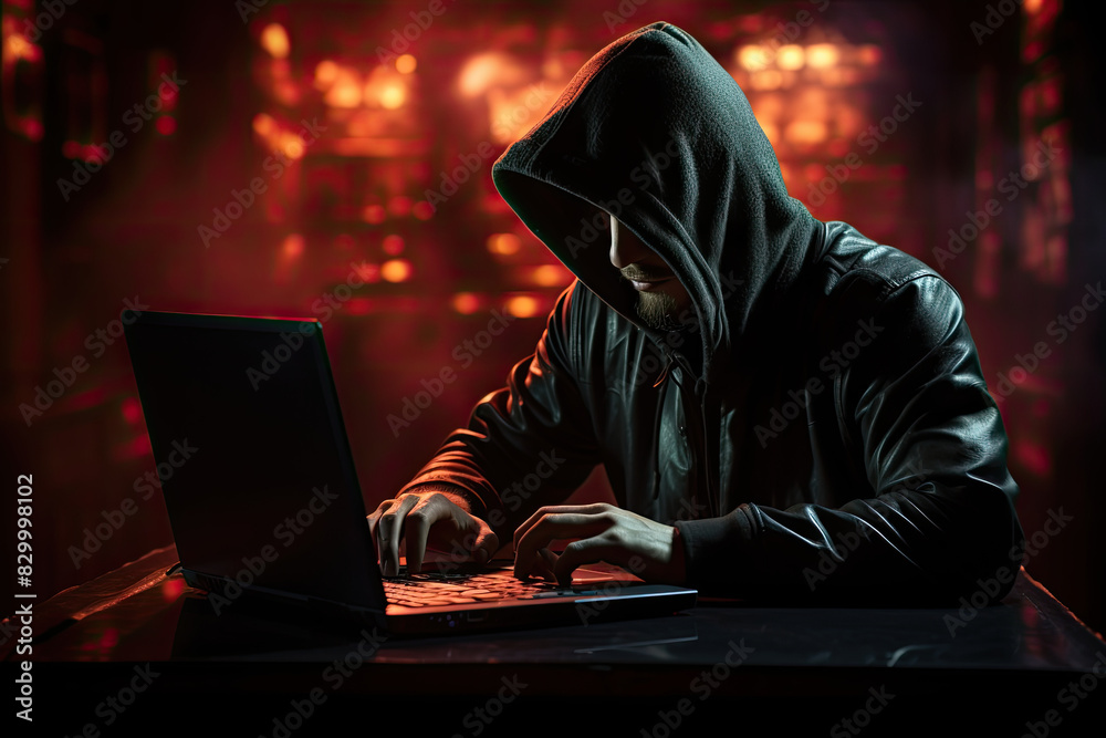 Hooded hacker in dark room typing on laptop, illuminated by red light. Depicts cyber security breach or hacker at work in ominous environment.
Hooded hacker in dark room typing on laptop, illuminated by red light. Depicts cyber security breach or hacker at work in ominous environment.