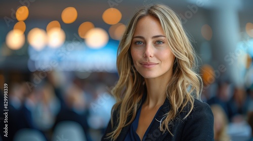 A confident businesswoman attending a networking event, smiling at the camera, with blurred attendees in the background. Confident Businesswoman at Networking Event