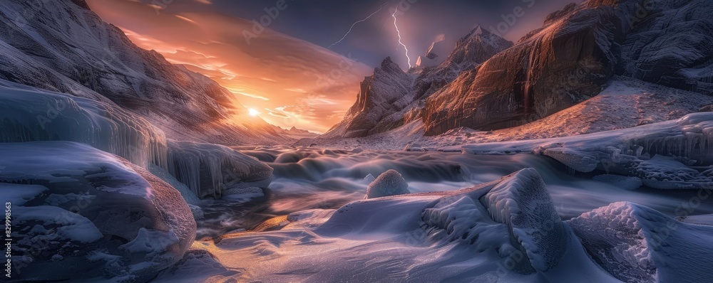Stunning winter landscape with snowy mountains and a vibrant sunset casting warm hues across the sky and frozen terrain.