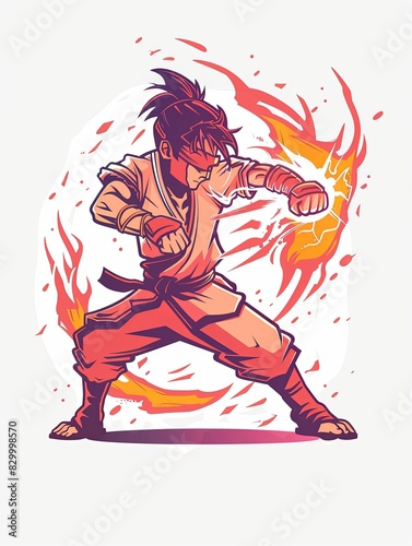 A cartoonish drawing of a man in a karate uniform, with a red