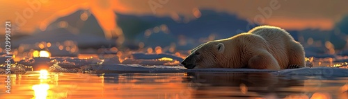 Polar bear resting on ice in the Arctic during golden hour with a stunning sunset and reflections in the water. photo