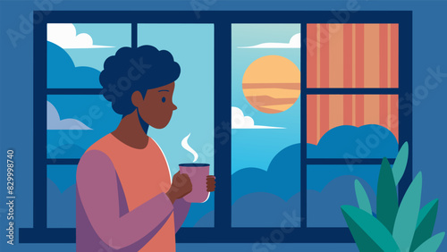 A student standing by the window sipping on a cup of water as they admire the sunrise outside.. Vector illustration