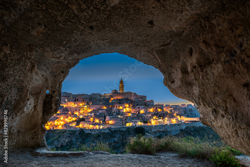 View of Matera at night, Puglia, Italy