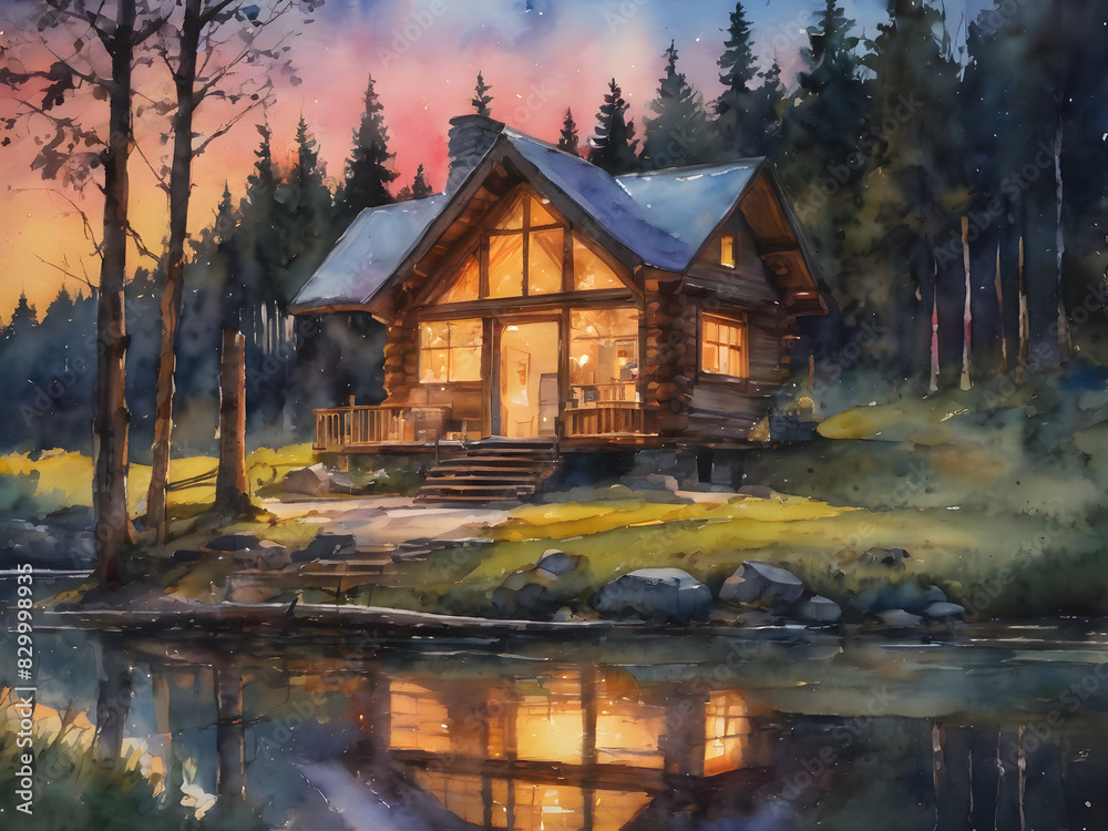 Fototapeta premium watercolor illustration house on the river 