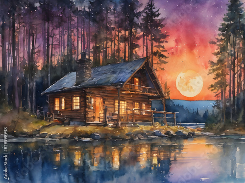 watercolor illustration house on the river 