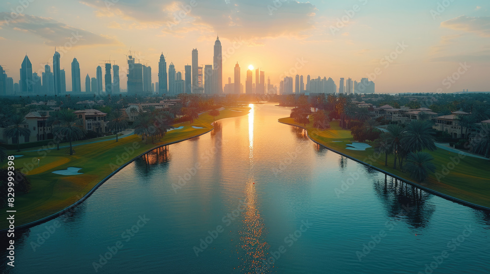 Fototapeta premium View of a huge luxury golf course, drone view. The golf club is located in a recreation area, outdoor sports. Golf course on the background of the sunset and the big city. generative ai