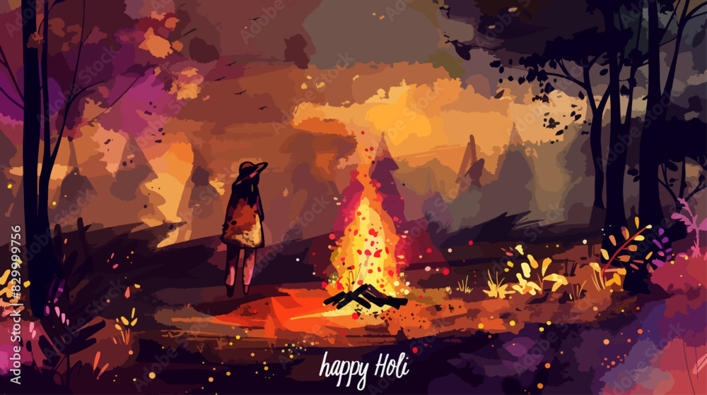 Obraz premium Happy Holi!Happy holika dahan!happy new year!Lag BaOmer,Bonfire and colorful smoke, watercolor painting,Bonfire Night