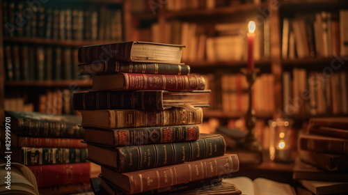 stack of old books in a dimly lit, cozy library corner