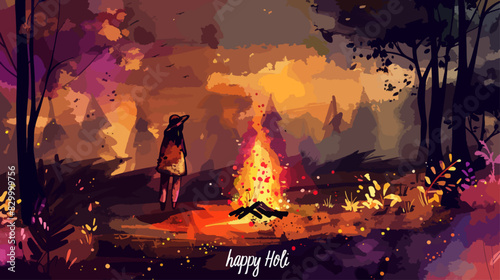 Happy Holi!Happy holika dahan!happy new year!Lag BaOmer，Bonfire and colorful smoke, watercolor painting,Bonfire Night photo