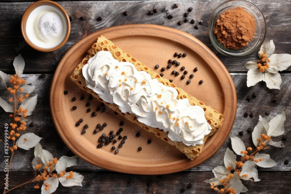 Cannoli, Autumn Inspired Dessert Waffle with Whipped Cream, Cinnamon, and Coffee Beans on Rustic Wooden Background Cannoli, Autumn Inspired Dessert Waffle with Whipped Cream, Cinnamon, and Coffee Beans on Rustic Wooden Background