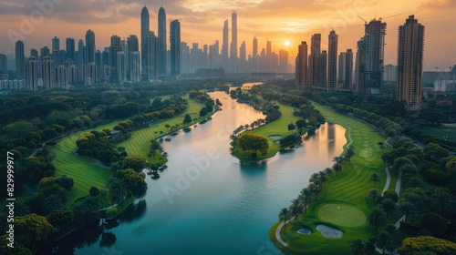 View of a huge luxury golf course  drone view. The golf club is located in a recreation area  outdoor sports. Golf course on the background of the sunset and the big city. generative ai