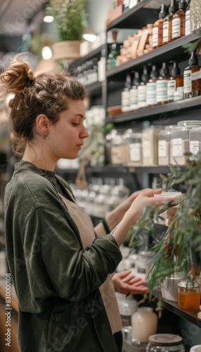 Woman in Zero Waste Store Examining Solid Face Cleanser Among Plastic-Free Alternatives - Eco-Friendly Shopping Concept
