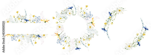 Watercolor painted floral wreath and frame set. Yellow, blue, white and pink wild flowers. Circular shape frame. Template illustration.