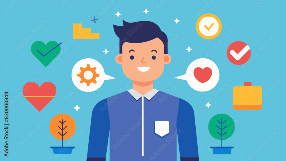 He has a clear understanding of his values and priorities and makes choices that align with them further boosting his healthy selfesteem.. Vector illustration He has a clear understanding of his values and priorities and makes choices that align with them further boosting his healthy selfesteem.. Vector illustration