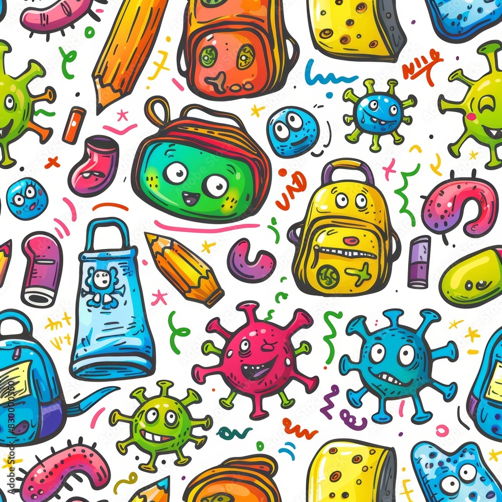 Seamless Pattern Design of Cute Cartoon Germs with School Supplies for Educational Book Covers and Children's Learning Materials Seamless Pattern Design of Cute Cartoon Germs with School Supplies for Educational Book Covers and Children's Learning Materials