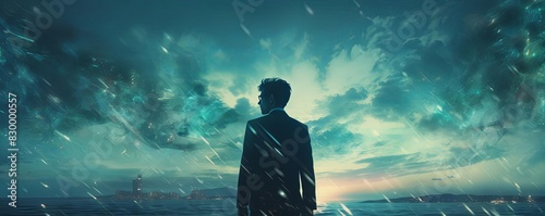 Corporate man silhouette, ocean waves overlay, double exposure, copy space, dynamic colors, Double exposure silhouette with sea photo