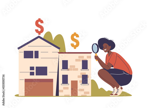 Woman Using Magnifying Glass To Examine Houses With Dollar Signs Above Them, Symbolizing Real Estate Market Research