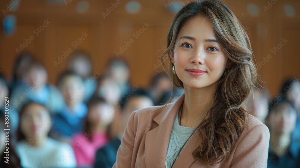 A confident businesswoman attending a networking event, smiling at the camera, with blurred attendees in the background. Confident Businesswoman at Networking Event A confident businesswoman attending a networking event, smiling at the camera, with blurred attendees in the background. Confident Businesswoman at Networking Event