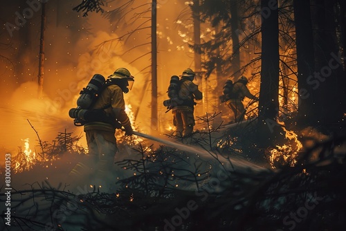 Firefighters working together to control a forest fire at night photo