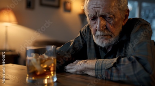 Elderly man in deep thoughts alone with a drink. Dimly lit home interior evokes feelings of contemplation. AI photo