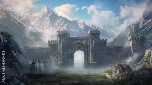 Enormous Fantasy castle walls and a huge stone gate blocking a pass between two mountains