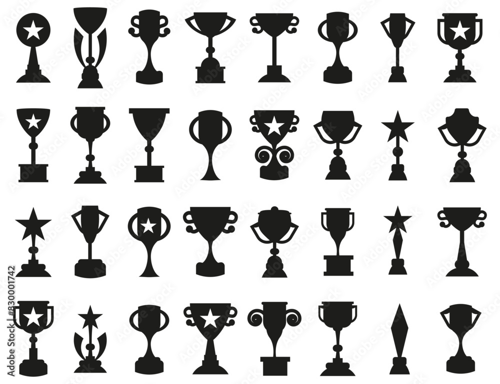 Trophy award cup icons collection in black. Contest and competition award symbol. Trophy cup icons, trophy cup award in flat style