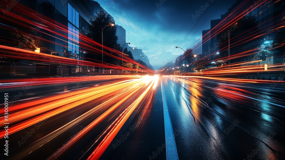 Fototapeta premium Abstract city lights streaks on wet asphalt road at night.