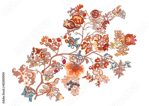 Fantasy, alien flowers, decorative flowers and leaves. Cartoon style. Millefleurs trendy floral design. Clip art, set of elements for design Vector illustration.