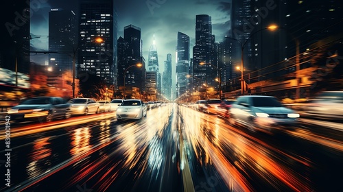 Nighttime cityscape with cars driving on a wet road with motion blur. photo